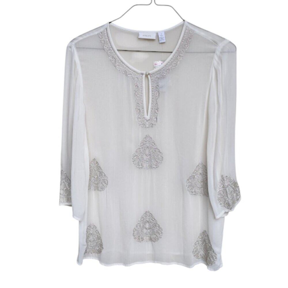 CHICOS | NWT Sheer Cream Metallic Silver Embroidered Blouse Holiday Party L